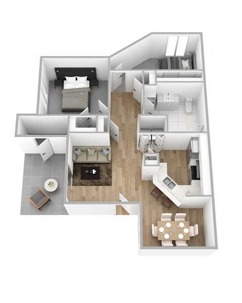 a stylized floor plan with a bedroom and living room